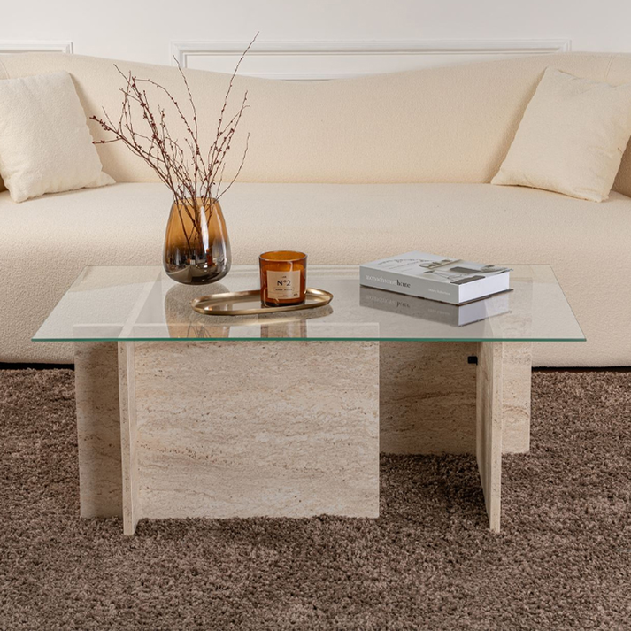 Τραπεζάκι σαλονιού Vetrino γυάλινο χρώμα travertine 105x65x40εκ.