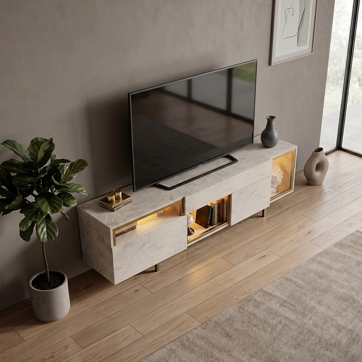 Έπιπλο τηλεόρασης Norm με Led Rgb χρώμα travertine - χρυσό 180x32x55εκ.