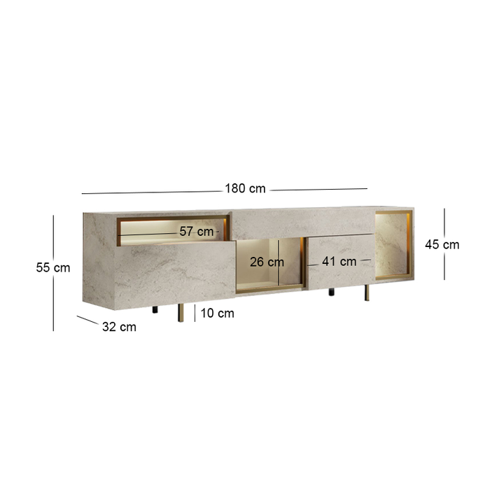 Έπιπλο τηλεόρασης Norm με Led Rgb χρώμα travertine - χρυσό 180x32x55εκ.