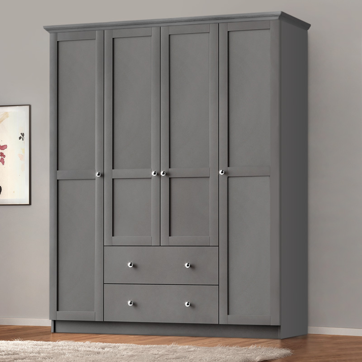 Ντουλάπα ρούχων Emily τετράφυλλη με συρτάρια χρώμα ανθρακί 140x50x210εκ.