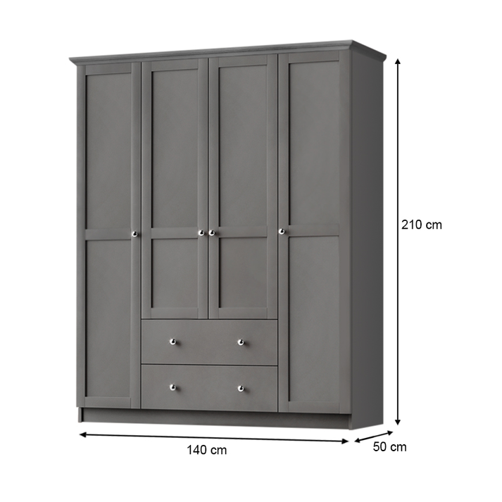 Ντουλάπα ρούχων Emily τετράφυλλη με συρτάρια χρώμα ανθρακί 140x50x210εκ.