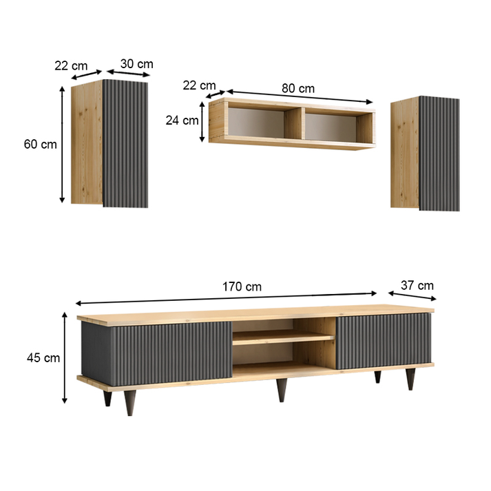 Σύνθεση τηλεόρασης Tokyo χρώμα sapphire oak - ανθρακί 170x37x45εκ.