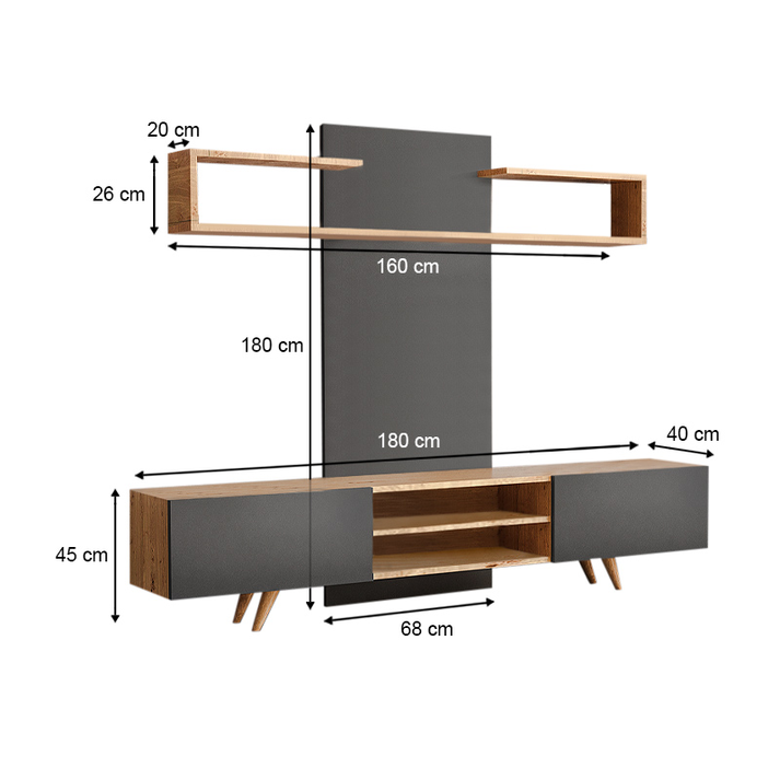 Σύνθεση τηλεόρασης Giacomo χρώμα sapphire oak - ανθρακί 180x40x45εκ.