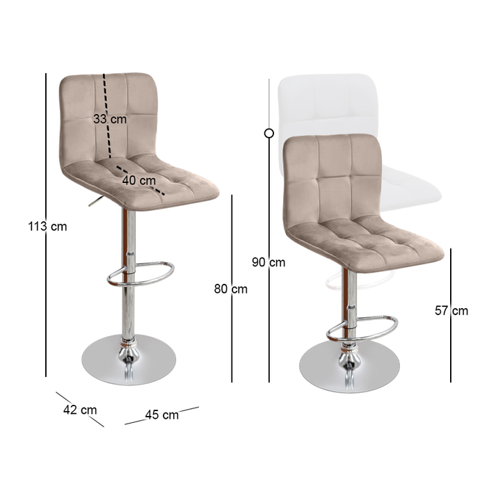 Carmelo bar stool with adjustable height beige velvet - chrome base 45x42x90/113 cm