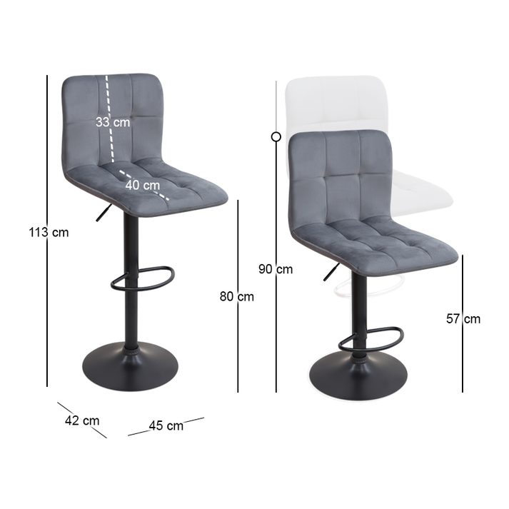 Σκαμπό μπαρ Carmelo με ρυθμιζόμενο ύψος βελούδο γκρι - βάση μαύρο ματ 45x42x90/113εκ.