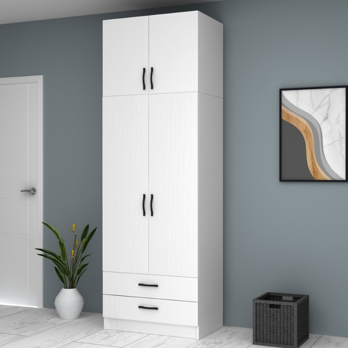 Ντουλάπα ρούχων Ricardo δίφυλλη με πατάρι και συρτάρια χρώμα λευκό 80x51,8x240εκ.