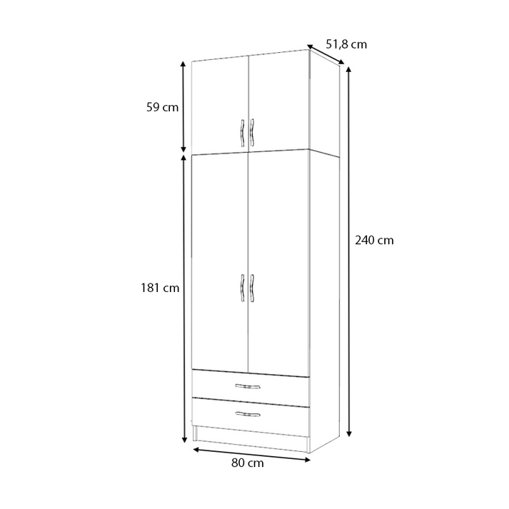 Ντουλάπα ρούχων Ricardo δίφυλλη με πατάρι και συρτάρια χρώμα λευκό 80x51,8x240εκ.
