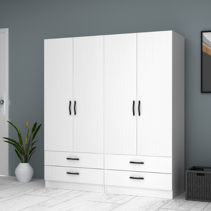 Ντουλάπα ρούχων Ricardo τετράφυλλη με συρτάρια χρώμα λευκό 160x51,8x181εκ.
