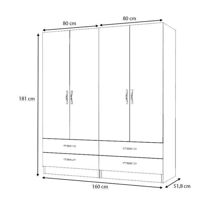 Ντουλάπα ρούχων Ricardo τετράφυλλη με συρτάρια χρώμα λευκό 160x51,8x181εκ.