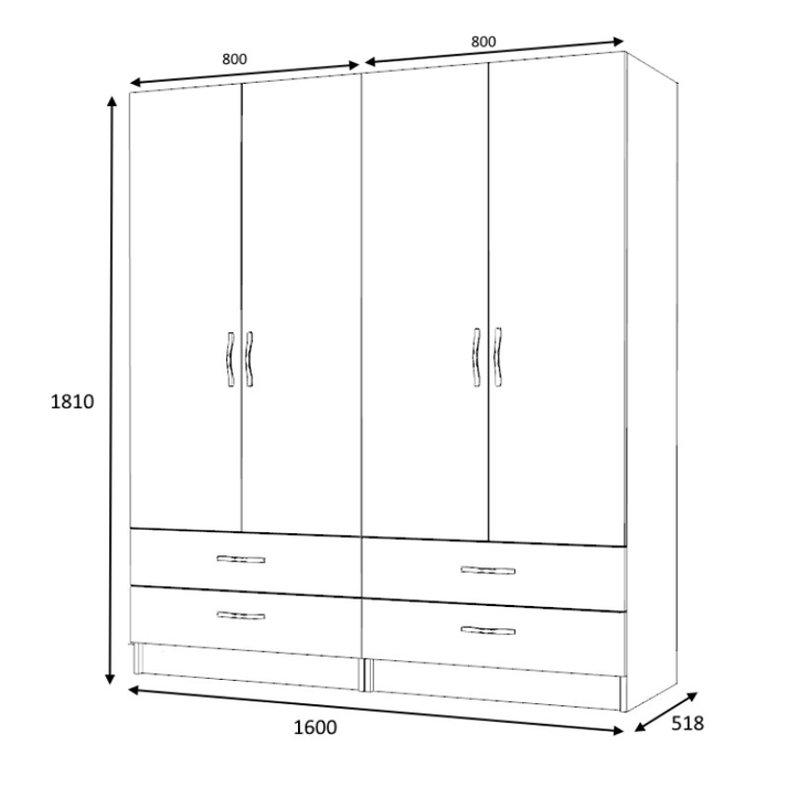 Ντουλάπα ρούχων Ricardo τετράφυλλη με συρτάρια χρώμα λευκό 160x51,8x181εκ.