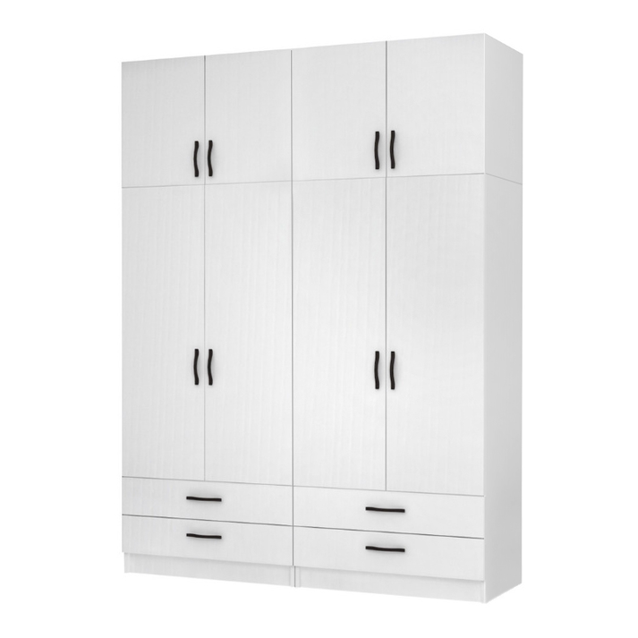 Ντουλάπα ρούχων Ricardo τετράφυλλη με πατάρι και συρτάρια χρώμα λευκό 160x51,8x240εκ.