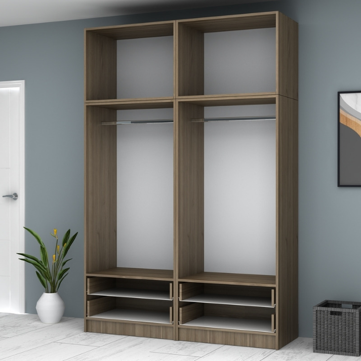 Ντουλάπα ρούχων Ricardo τετράφυλλη με πατάρι και συρτάρια χρώμα καρυδί 160x51,8x240εκ.