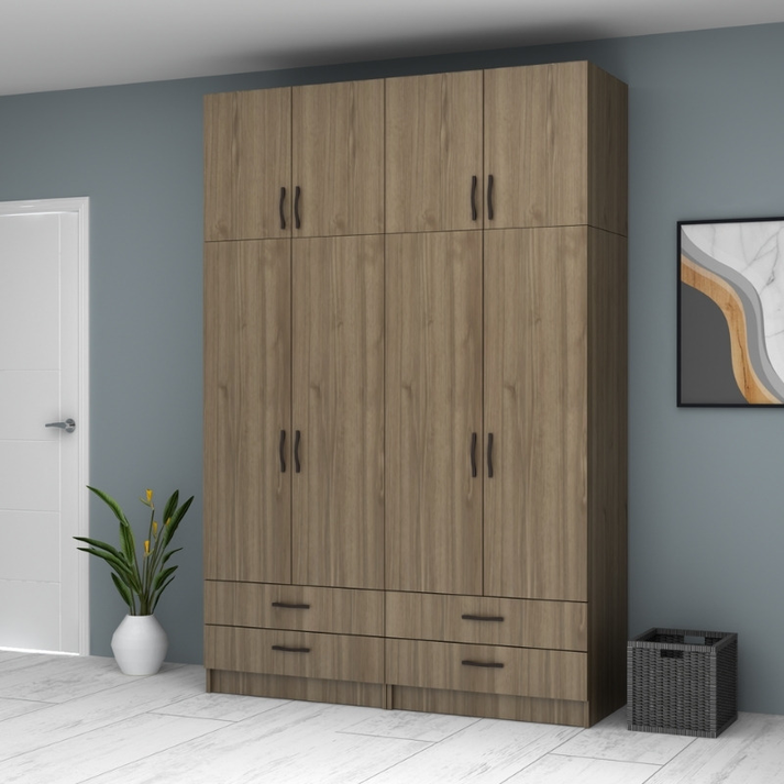 Ντουλάπα ρούχων Ricardo τετράφυλλη με πατάρι και συρτάρια χρώμα καρυδί 160x51,8x240εκ.