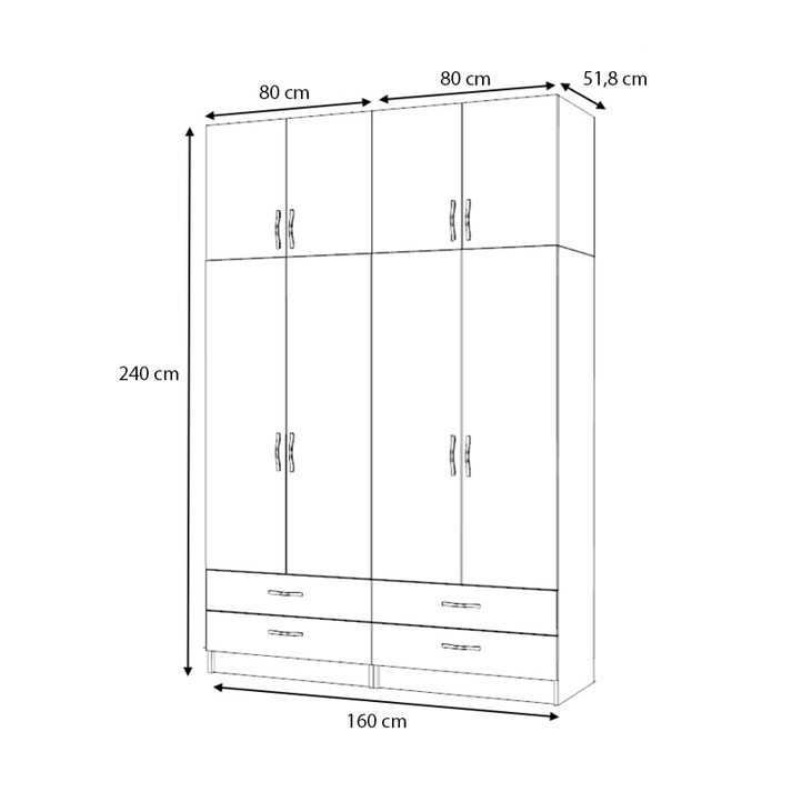 Ντουλάπα ρούχων Ricardo τετράφυλλη με πατάρι και συρτάρια χρώμα καρυδί 160x51,8x240εκ.