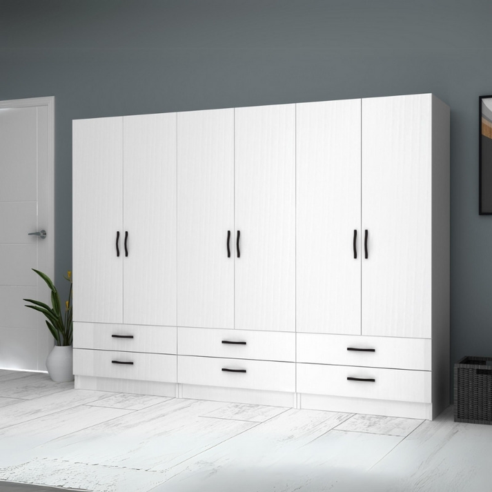Ντουλάπα ρούχων Ricardo εξάφυλλη με συρτάρια χρώμα λευκό 240x51,8x181εκ.