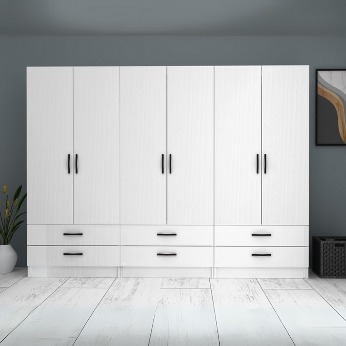 Ντουλάπα ρούχων Ricardo εξάφυλλη με συρτάρια χρώμα λευκό 240x51,8x181εκ.