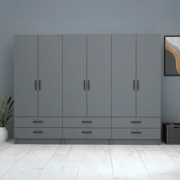 Ντουλάπα ρούχων Ricardo εξάφυλλη με συρτάρια χρώμα ανθρακί 240x51,8x181εκ.