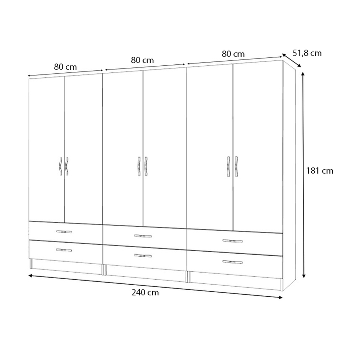 Ντουλάπα ρούχων Ricardo εξάφυλλη με συρτάρια χρώμα ανθρακί 240x51,8x181εκ.