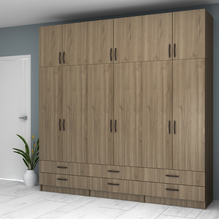 Ντουλάπα ρούχων Ricardo εξάφυλλη με πατάρι και συρτάρια χρώμα καρυδί 240x51,8x240εκ.