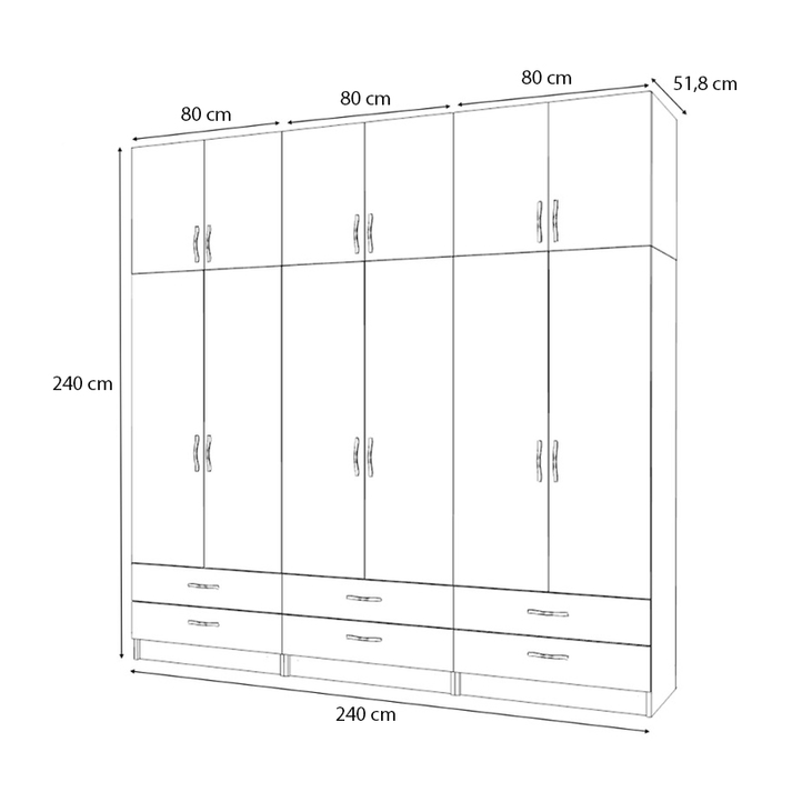 Ντουλάπα ρούχων Ricardo εξάφυλλη με πατάρι και συρτάρια χρώμα καρυδί 240x51,8x240εκ.