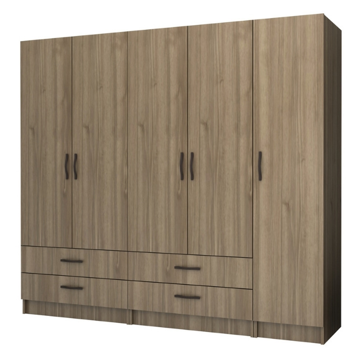 Ντουλάπα ρούχων Ricardo πεντάφυλλη με συρτάρια χρώμα καρυδί 200x51,8x181εκ.