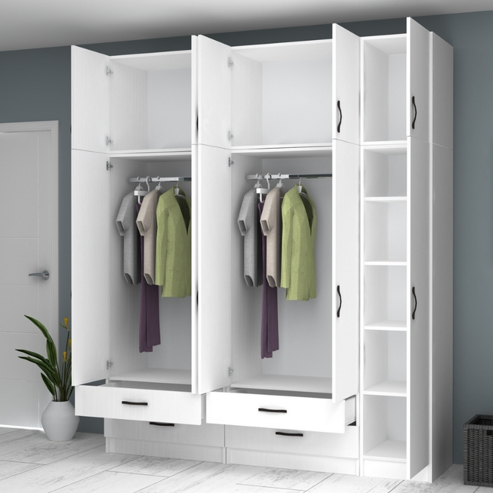 Ντουλάπα ρούχων Ricardo πεντάφυλλη με πατάρι και συρτάρια χρώμα λευκό 200x51,8x240εκ.