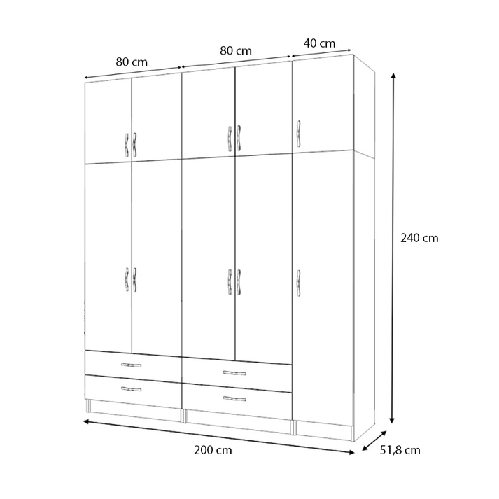 Ντουλάπα ρούχων Ricardo πεντάφυλλη με πατάρι και συρτάρια χρώμα λευκό 200x51,8x240εκ.