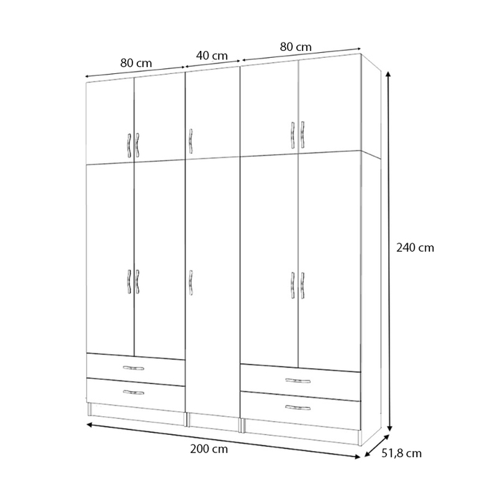 Ντουλάπα ρούχων Ricardo πεντάφυλλη με πατάρι και συρτάρια χρώμα καρυδί 200x51,8x240εκ.
