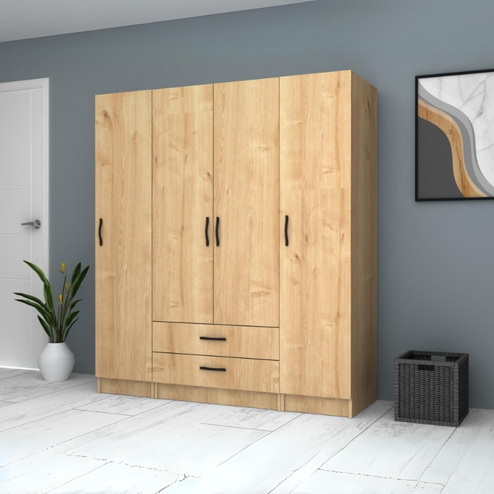 Ντουλάπα ρούχων Ricardo τετράφυλλη με συρτάρια χρώμα φυσικό οξιάς 160x51,8x181εκ.