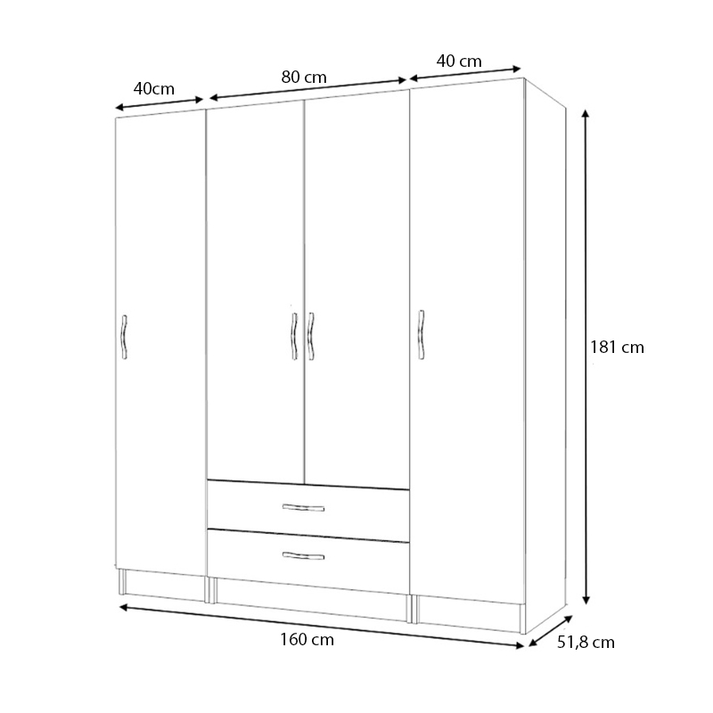 Ντουλάπα ρούχων Ricardo τετράφυλλη με συρτάρια χρώμα καρυδί 160x51,8x181εκ.