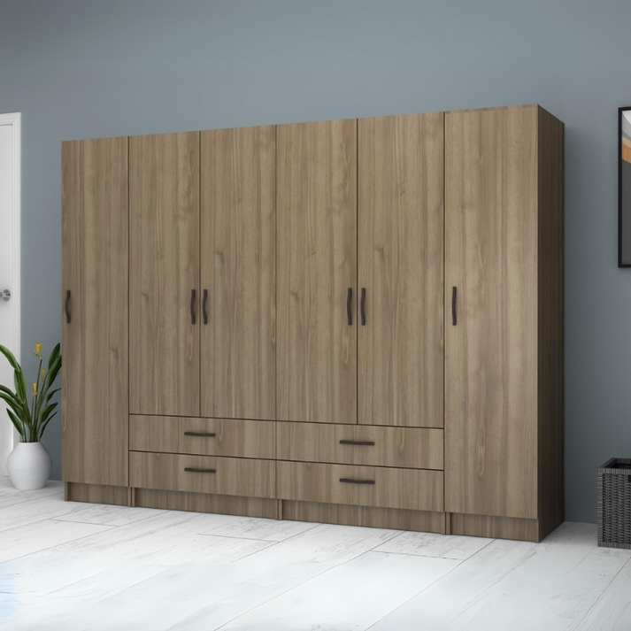 Ντουλάπα ρούχων Ricardo εξάφυλλη με συρτάρια χρώμα καρυδί 240x51,8x181εκ.