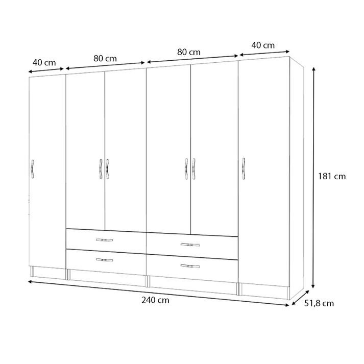 Ντουλάπα ρούχων Ricardo εξάφυλλη με συρτάρια χρώμα καρυδί 240x51,8x181εκ.