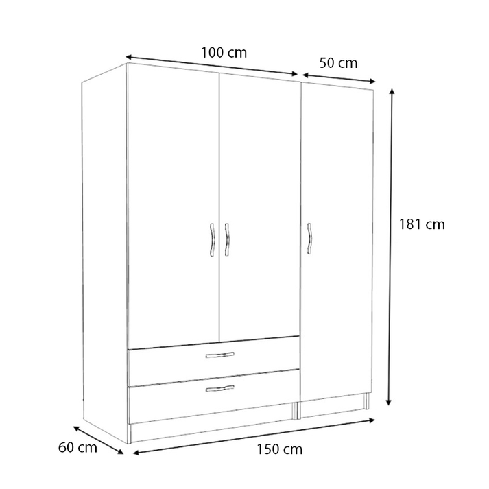 Ντουλάπα ρούχων Victoria τρίφυλλη με συρτάρια χρώμα λευκό 150x60x181εκ.