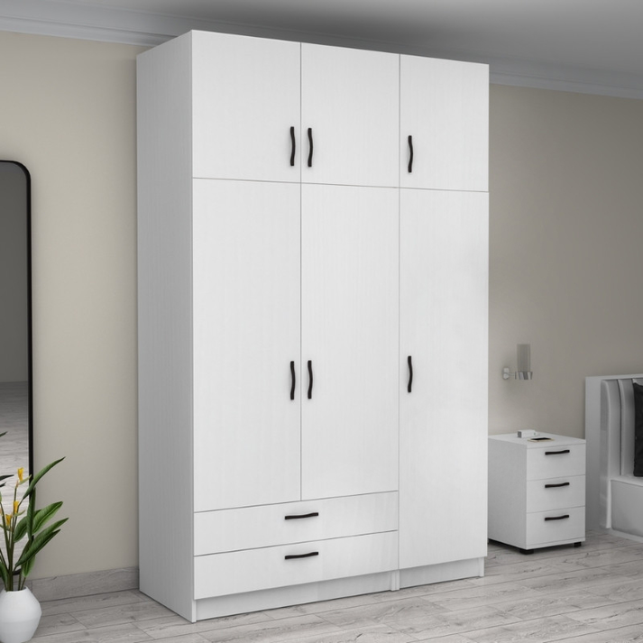 Ντουλάπα ρούχων Victoria τρίφυλλη με πατάρι και συρτάρια χρώμα λευκό 150x60x240εκ.