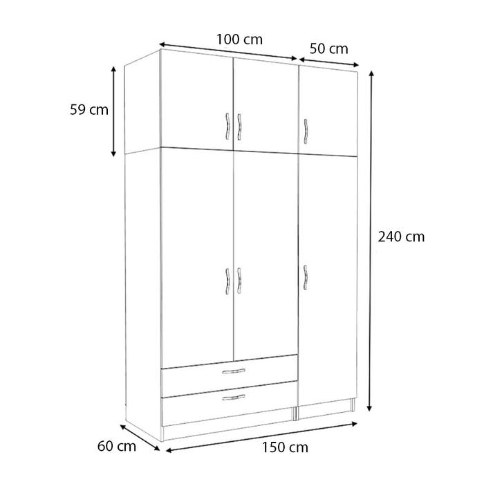 Ντουλάπα ρούχων Victoria τρίφυλλη με πατάρι και συρτάρια χρώμα λευκό 150x60x240εκ.
