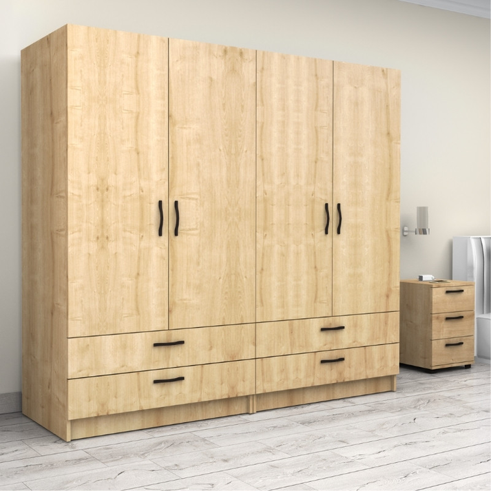 Ντουλάπα ρούχων Victoria τετράφυλλη με συρτάρια χρώμα φυσικό οξιάς 200x60x181εκ.