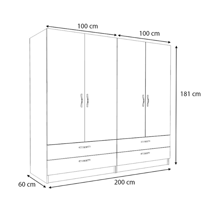Ντουλάπα ρούχων Victoria τετράφυλλη με συρτάρια χρώμα φυσικό οξιάς 200x60x181εκ.