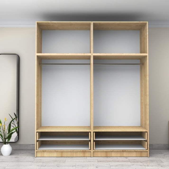 Ντουλάπα ρούχων Victoria τετράφυλλη με πατάρι και συρτάρια χρώμα φυσικό οξιάς 200x60x240εκ.