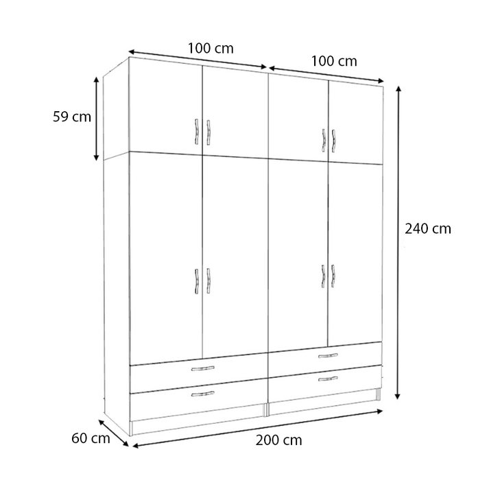 Ντουλάπα ρούχων Victoria τετράφυλλη με πατάρι και συρτάρια χρώμα φυσικό οξιάς 200x60x240εκ.