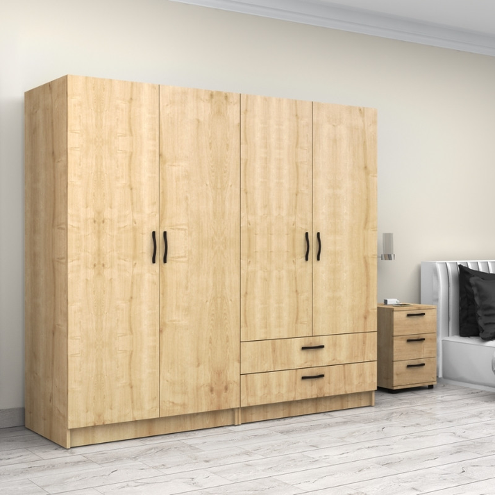 Ντουλάπα ρούχων Victoria τετράφυλλη με συρτάρια χρώμα φυσικό οξιάς 200x60x181εκ.