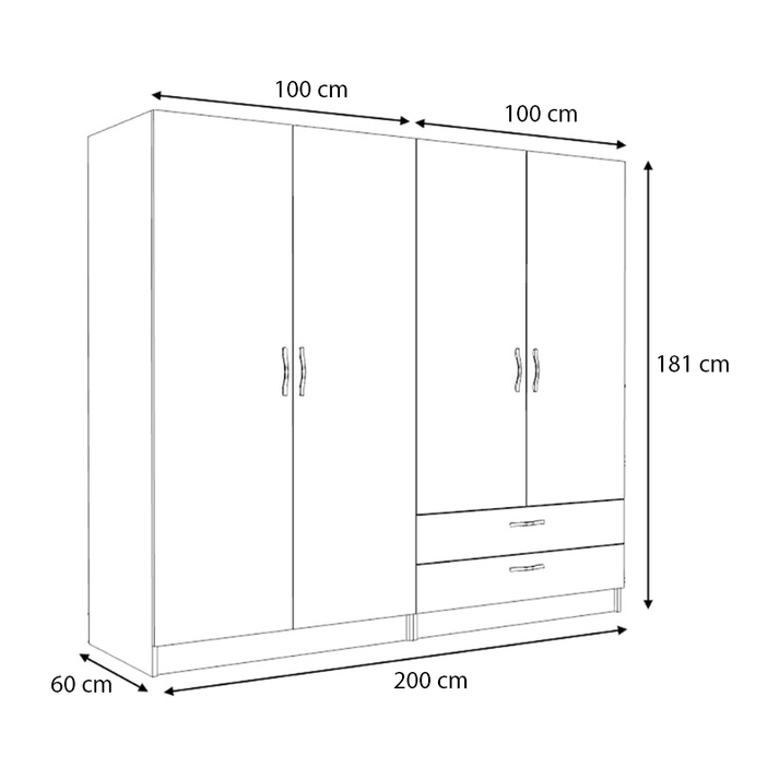 Ντουλάπα ρούχων Victoria τετράφυλλη με συρτάρια χρώμα φυσικό οξιάς 200x60x181εκ.