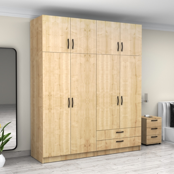 Ντουλάπα ρούχων Victoria τετράφυλλη με πατάρι και συρτάρια χρώμα φυσικό οξιάς 200x60x240εκ.