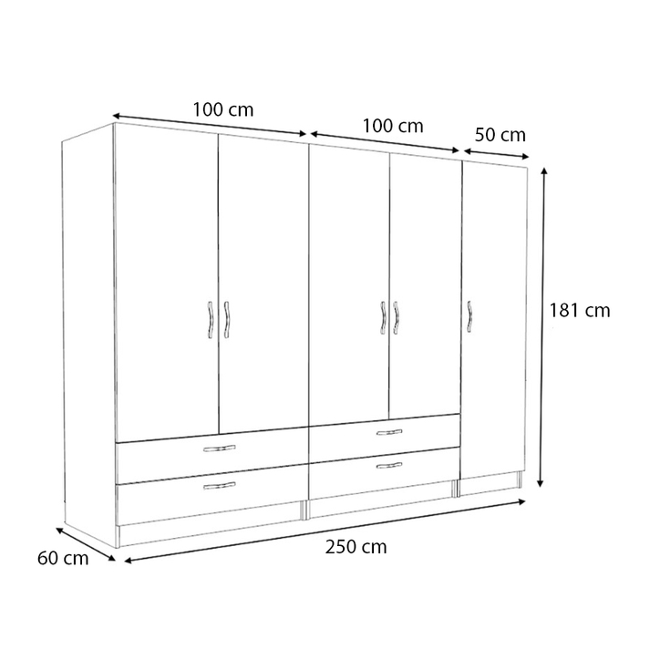Ντουλάπα ρούχων Victoria πεντάφυλλη με συρτάρια χρώμα φυσικό οξιάς 250x60x181εκ.