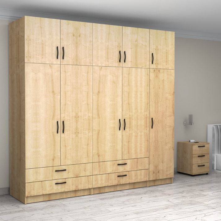 Ντουλάπα ρούχων Victoria πεντάφυλλη με πατάρι και συρτάρια χρώμα φυσικό οξιάς 250x60x240εκ.