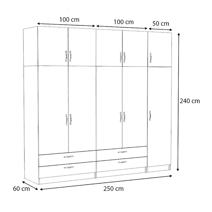 Ντουλάπα ρούχων Victoria πεντάφυλλη με πατάρι και συρτάρια χρώμα φυσικό οξιάς 250x60x240εκ.
