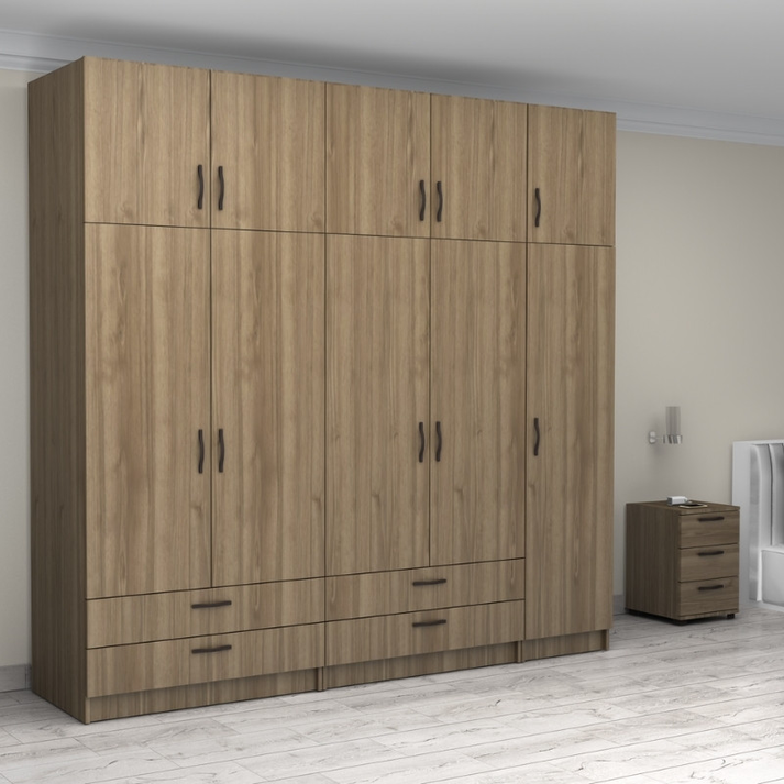 Ντουλάπα ρούχων Victoria πεντάφυλλη με πατάρι και συρτάρια χρώμα καρυδί 250x60x240εκ.