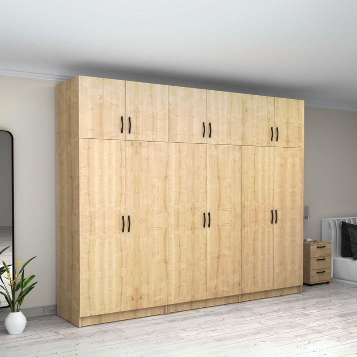 Ντουλάπα ρούχων Victoria εξάφυλλη με πατάρι χρώμα φυσικό οξιάς 300x60x240εκ.