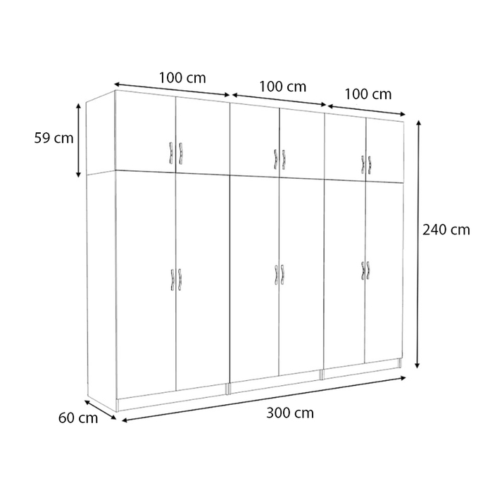 Ντουλάπα ρούχων Victoria εξάφυλλη με πατάρι χρώμα καρυδί 300x60x240εκ.