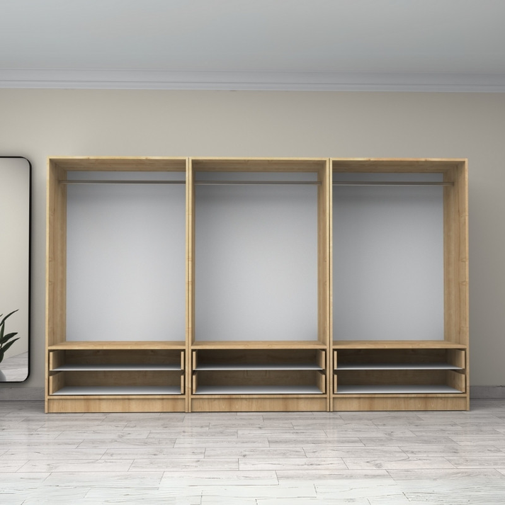 Ντουλάπα ρούχων Victoria εξάφυλλη με συρτάρια χρώμα φυσικό οξιάς 300x60x181εκ.