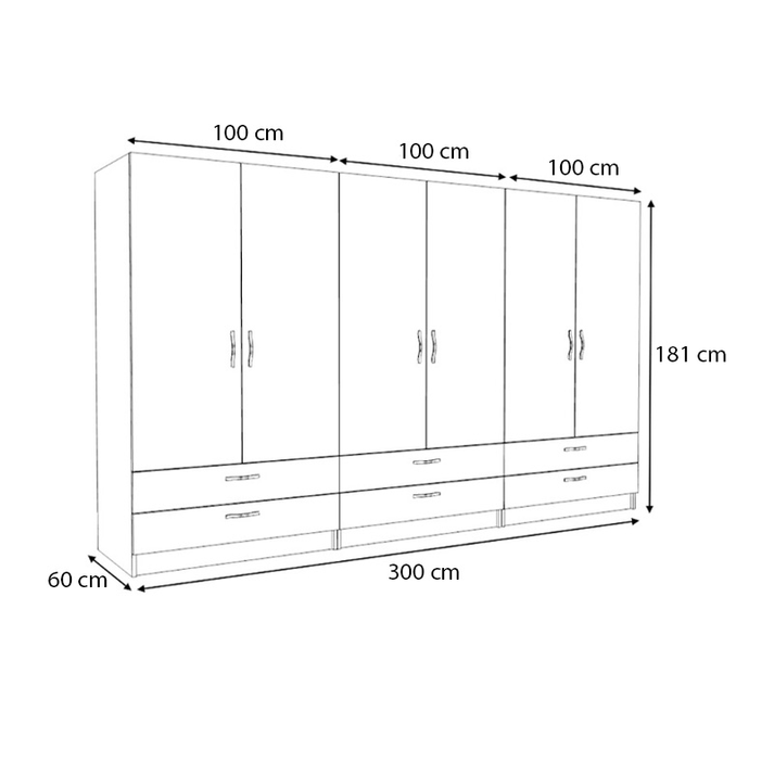 Ντουλάπα ρούχων Victoria εξάφυλλη με συρτάρια χρώμα φυσικό οξιάς 300x60x181εκ.